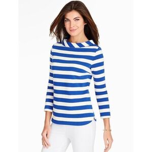 Talbots Women's Blue White Striped Mock Cowl Neck Button Back Top Size MP